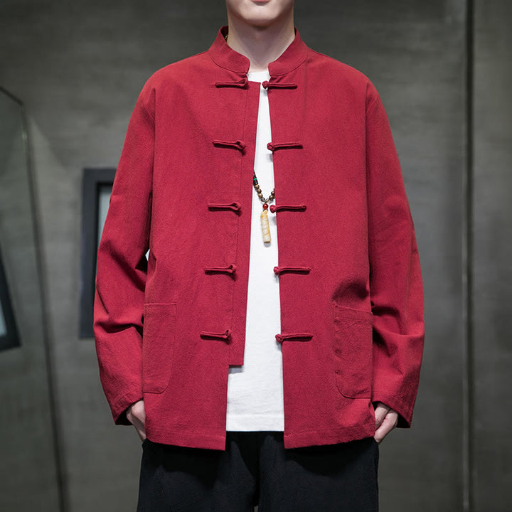 Veste en coton pour homme avec poches et boutons en forme de grenouille et Buddha Stones