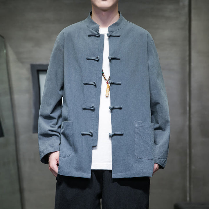Veste en coton pour homme avec poches et boutons en forme de grenouille et Buddha Stones