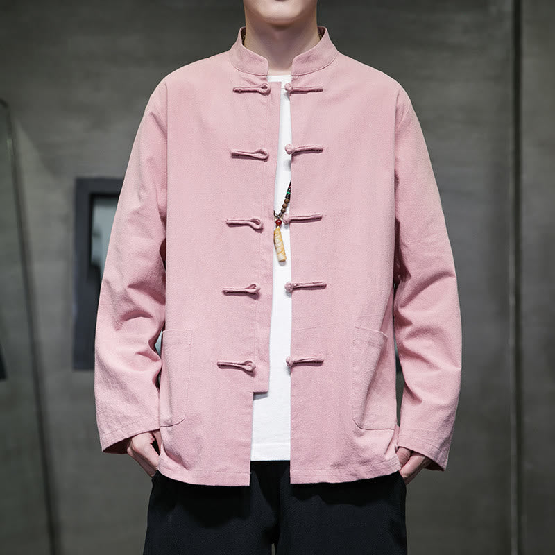 Veste en coton pour homme avec poches et boutons en forme de grenouille et Buddha Stones