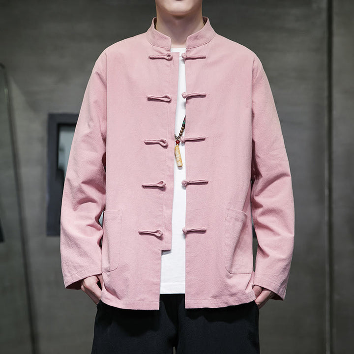 Veste en coton pour homme avec poches et boutons en forme de grenouille et Buddha Stones