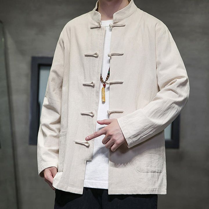 Veste en coton pour homme avec poches et boutons en forme de grenouille et Buddha Stones