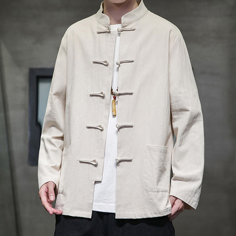 Veste en coton pour homme avec poches et boutons en forme de grenouille et Buddha Stones