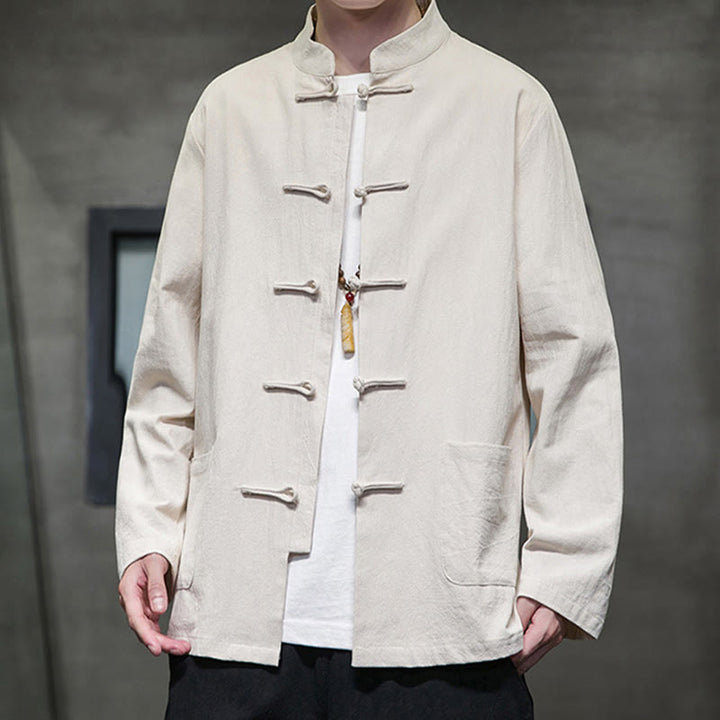 Veste en coton pour homme avec poches et boutons en forme de grenouille et Buddha Stones