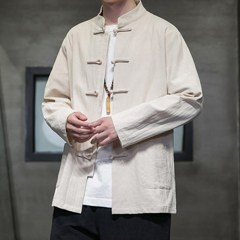 Veste en coton pour homme avec poches et boutons en forme de grenouille et Buddha Stones