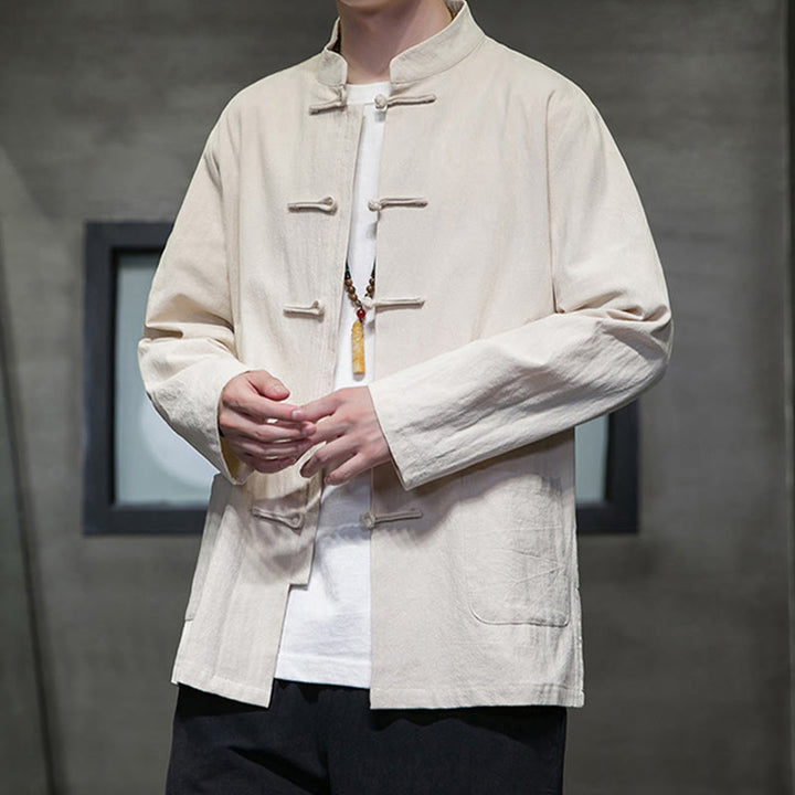Veste en coton pour homme avec poches et boutons en forme de grenouille et Buddha Stones