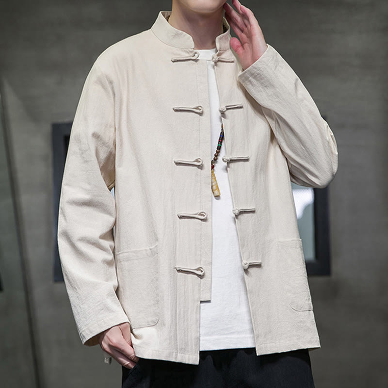 Veste en coton pour homme avec poches et boutons en forme de grenouille et Buddha Stones