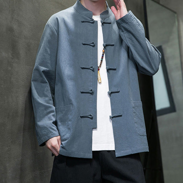 Veste en coton pour homme avec poches et boutons en forme de grenouille et Buddha Stones