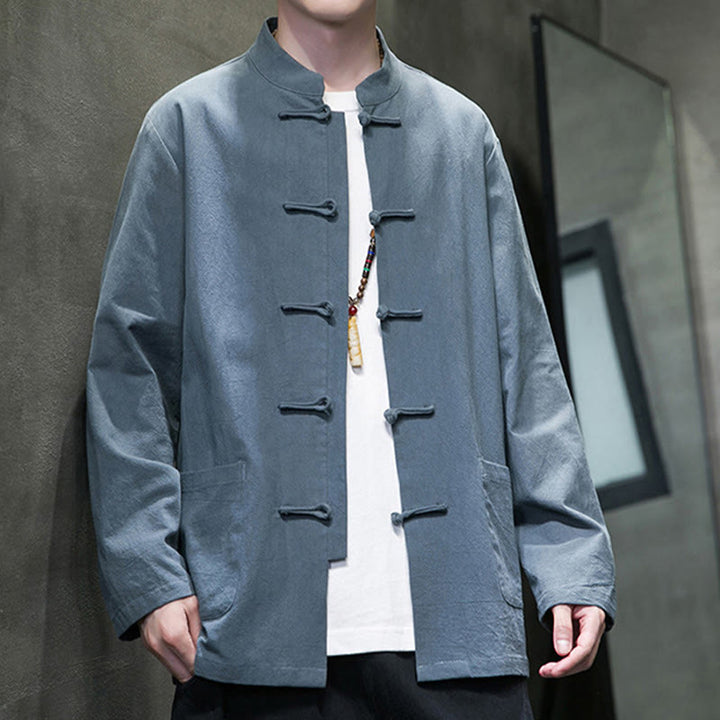 Veste en coton pour homme avec poches et boutons en forme de grenouille et Buddha Stones