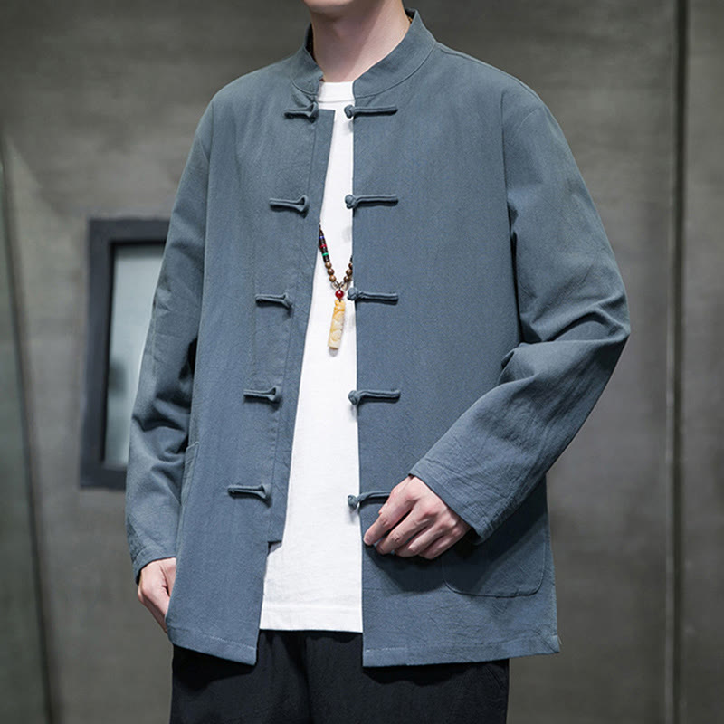 Veste en coton pour homme avec poches et boutons en forme de grenouille et Buddha Stones
