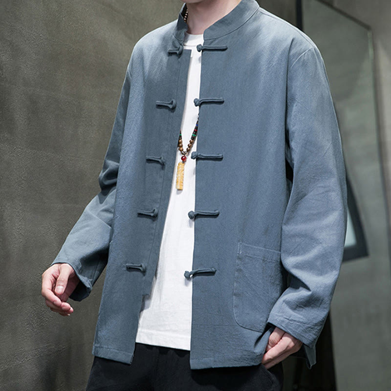 Veste en coton pour homme avec poches et boutons en forme de grenouille et Buddha Stones