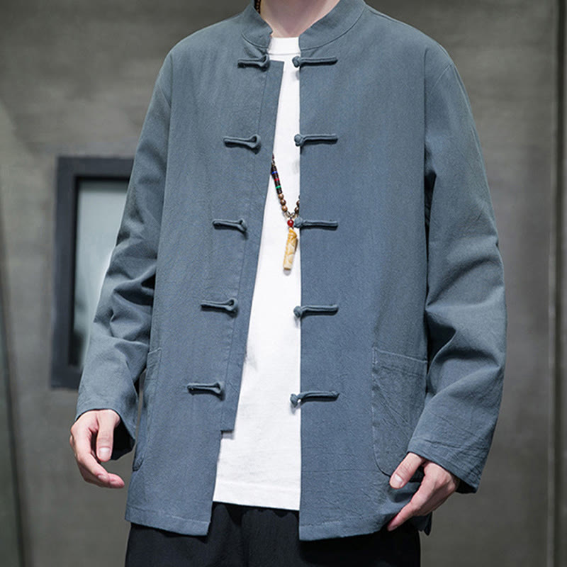 Veste en coton pour homme avec poches et boutons en forme de grenouille et Buddha Stones