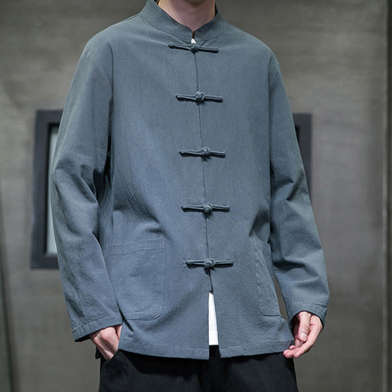 Veste en coton pour homme avec poches et boutons en forme de grenouille et Buddha Stones