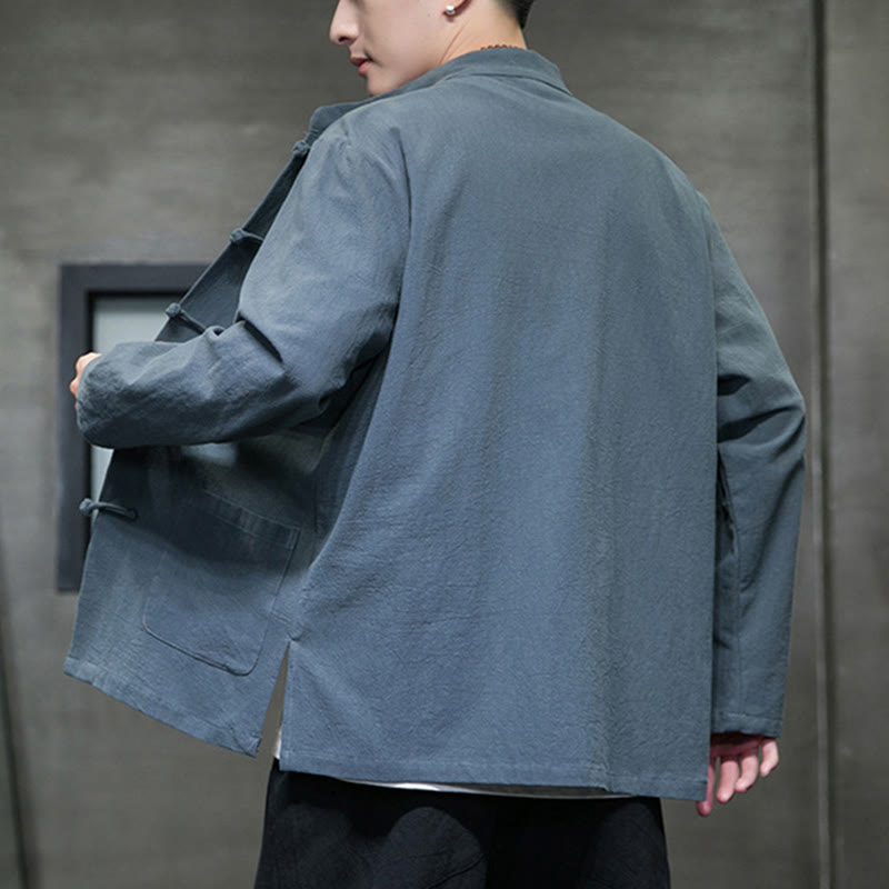 Veste en coton pour homme avec poches et boutons en forme de grenouille et Buddha Stones
