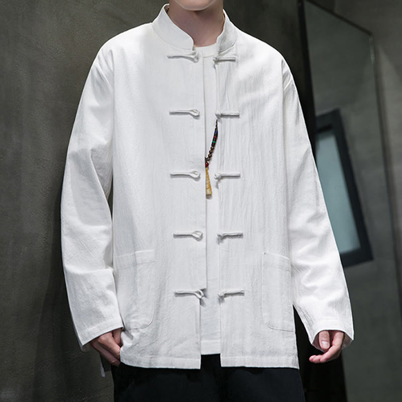 Veste en coton pour homme avec poches et boutons en forme de grenouille et Buddha Stones