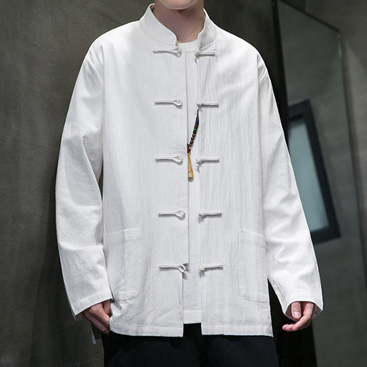 Veste en coton pour homme avec poches et boutons en forme de grenouille et Buddha Stones