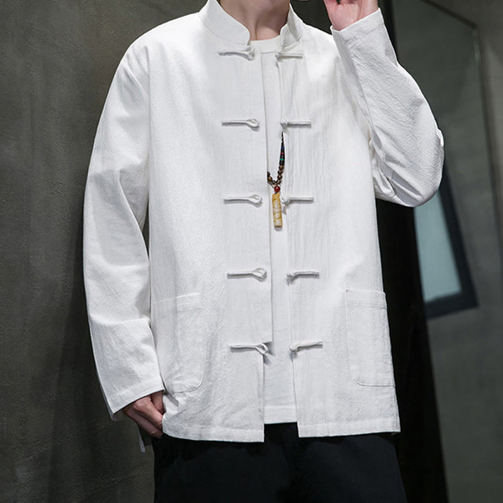 Veste en coton pour homme avec poches et boutons en forme de grenouille et Buddha Stones
