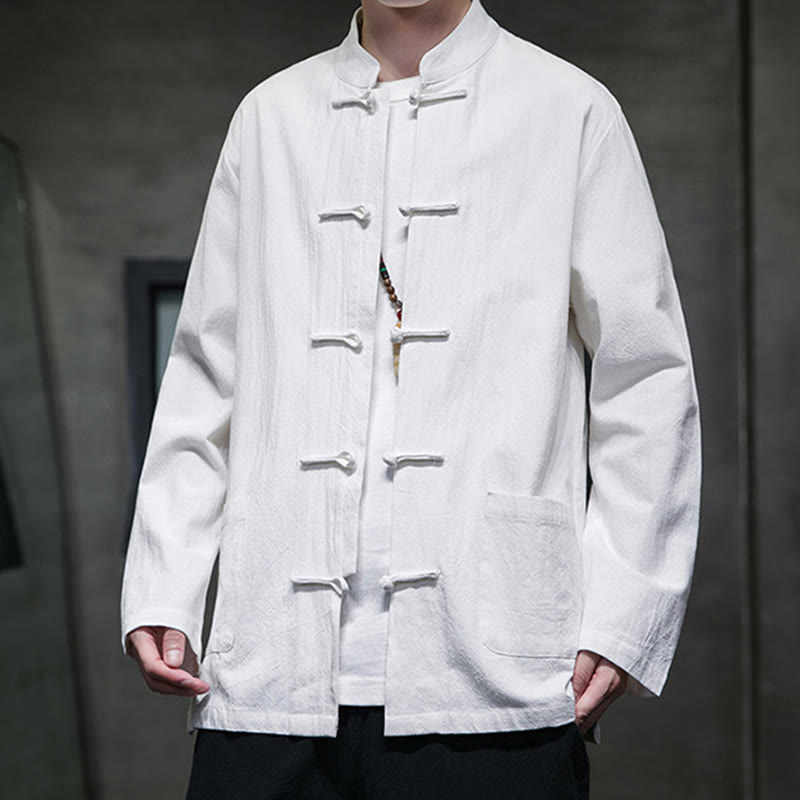 Veste en coton pour homme avec poches et boutons en forme de grenouille et Buddha Stones
