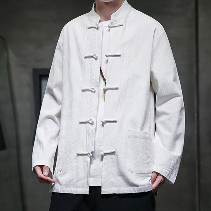 Veste en coton pour homme avec poches et boutons en forme de grenouille et Buddha Stones