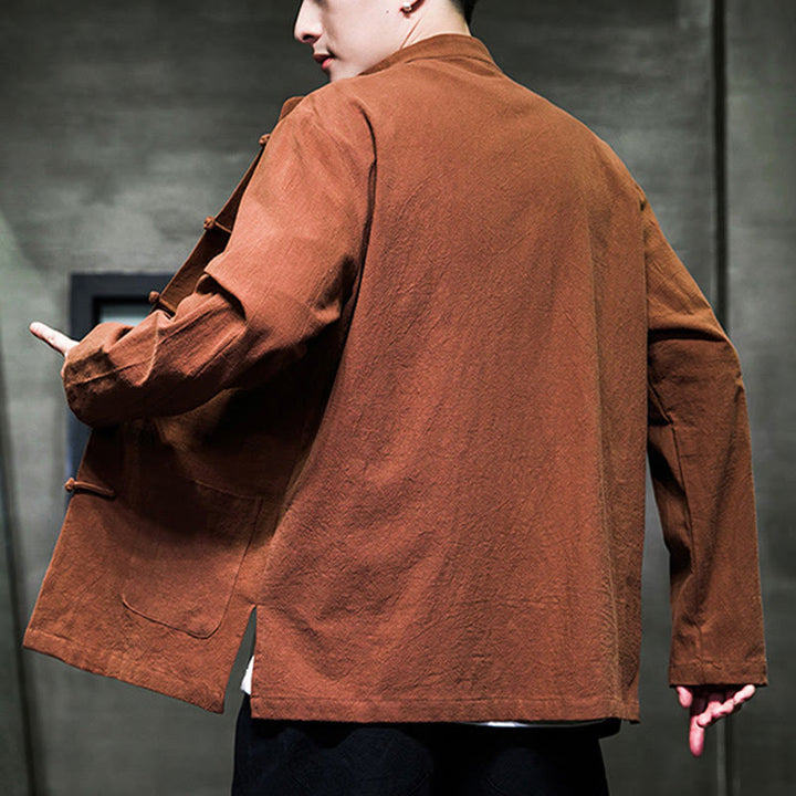 Veste en coton pour homme avec poches et boutons en forme de grenouille et Buddha Stones