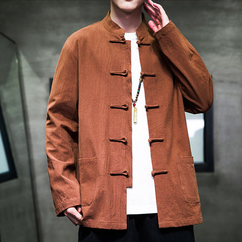 Veste en coton pour homme avec poches et boutons en forme de grenouille et Buddha Stones