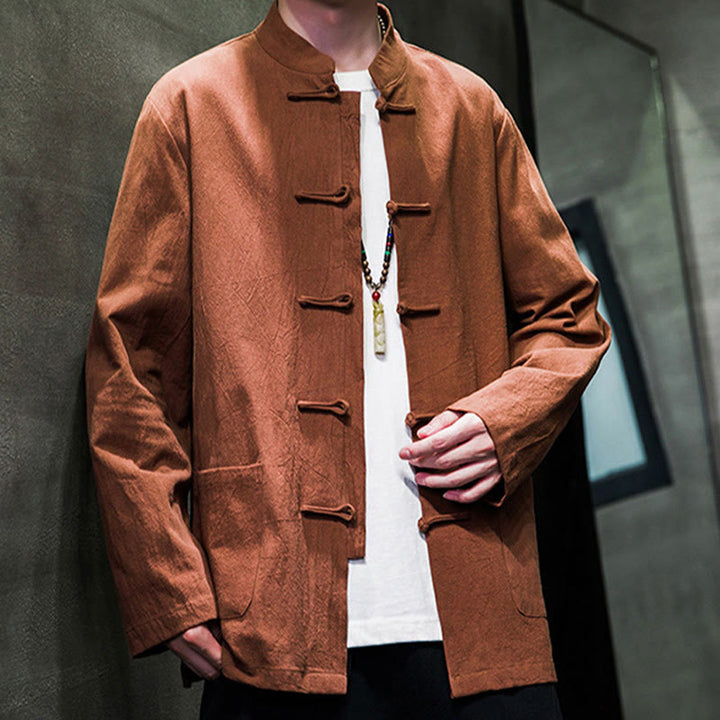 Veste en coton pour homme avec poches et boutons en forme de grenouille et Buddha Stones