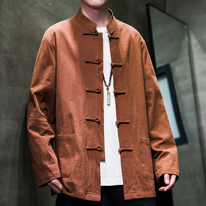 Veste en coton pour homme avec poches et boutons en forme de grenouille et Buddha Stones