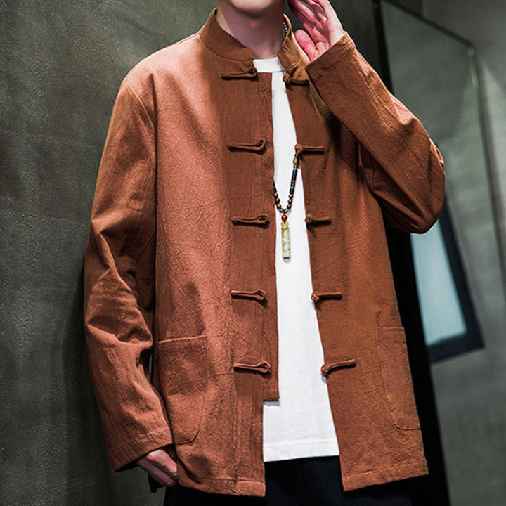 Veste en coton pour homme avec poches et boutons en forme de grenouille et Buddha Stones
