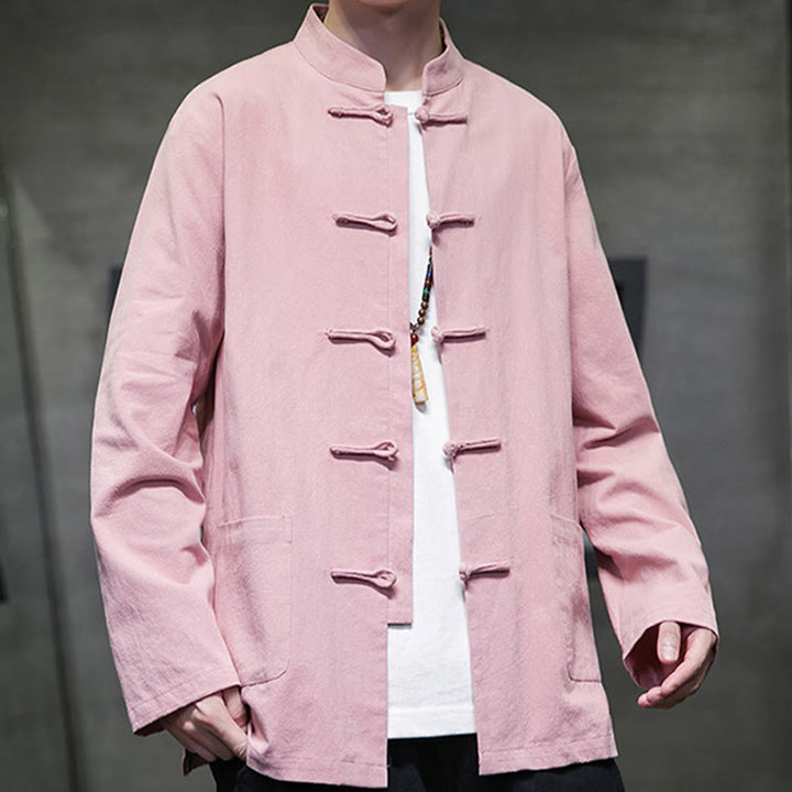Veste en coton pour homme avec poches et boutons en forme de grenouille et Buddha Stones