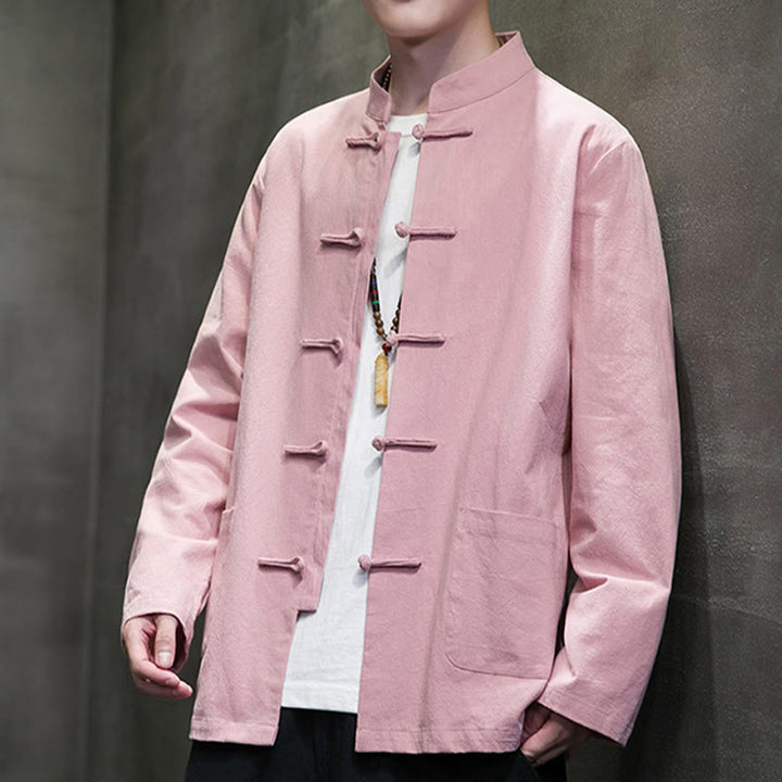 Veste en coton pour homme avec poches et boutons en forme de grenouille et Buddha Stones