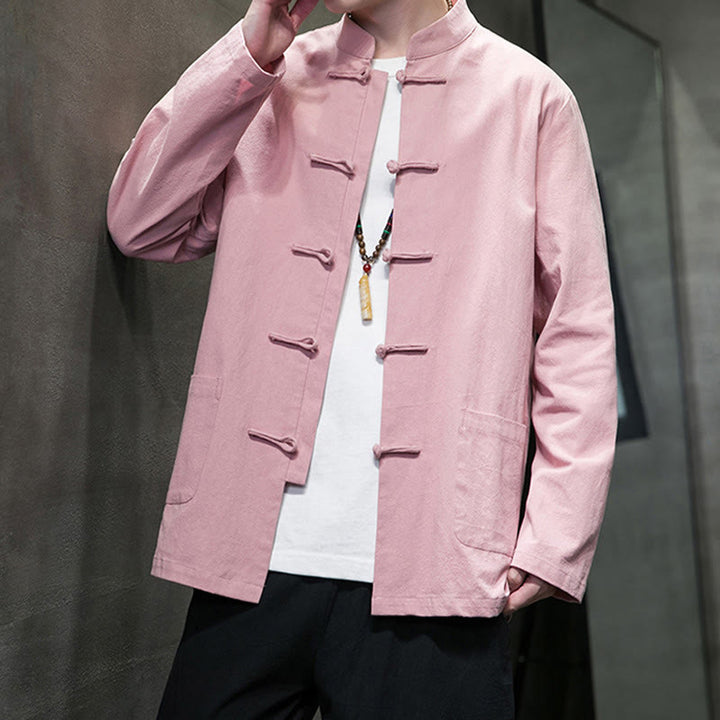 Veste en coton pour homme avec poches et boutons en forme de grenouille et Buddha Stones