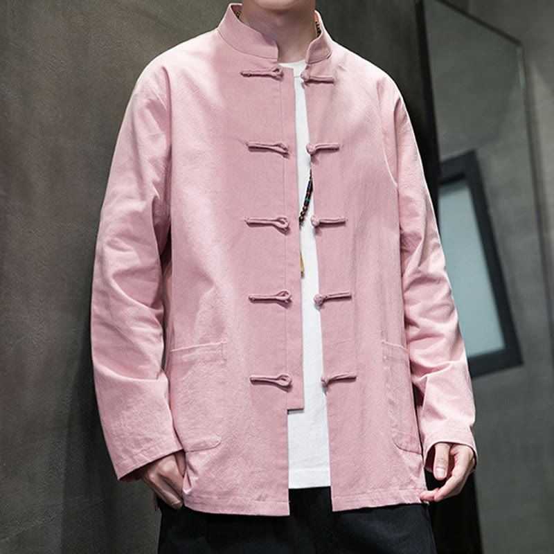Veste en coton pour homme avec poches et boutons en forme de grenouille et Buddha Stones