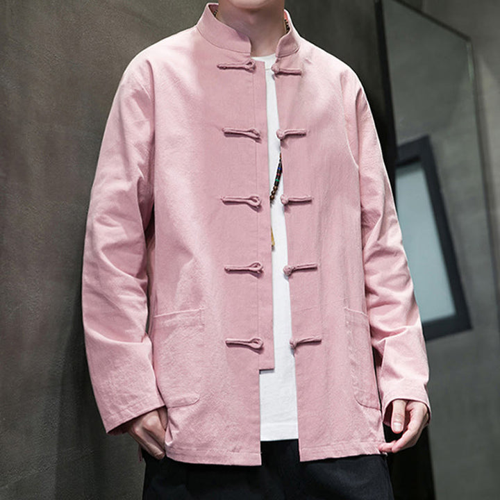 Veste en coton pour homme avec poches et boutons en forme de grenouille et Buddha Stones