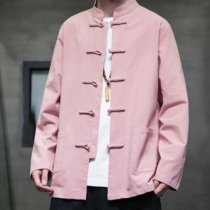 Veste en coton pour homme avec poches et boutons en forme de grenouille et Buddha Stones
