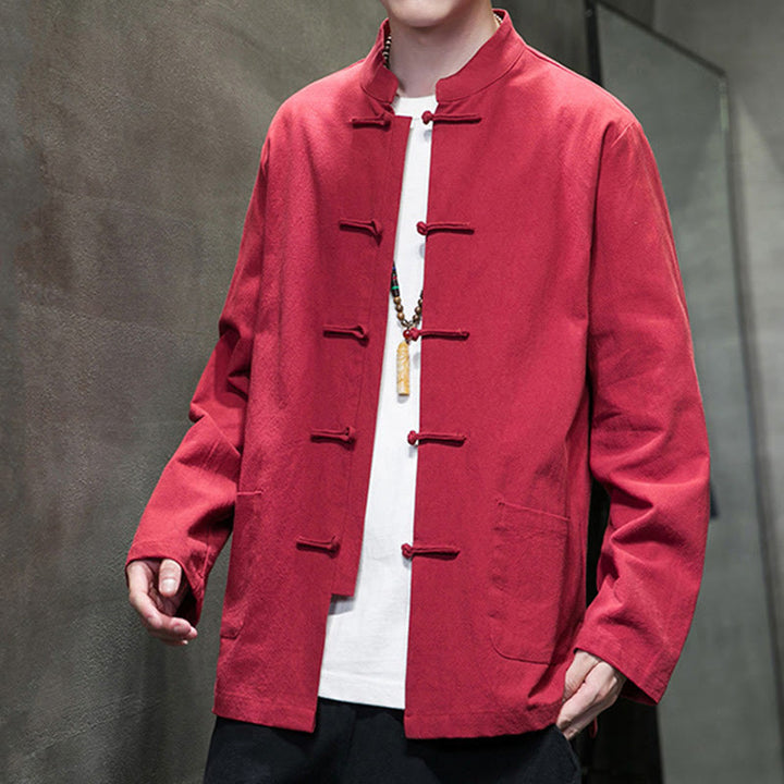 Veste en coton pour homme avec poches et boutons en forme de grenouille et Buddha Stones