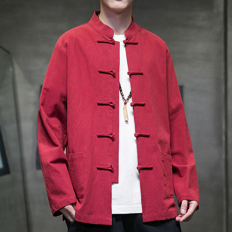 Veste en coton pour homme avec poches et boutons en forme de grenouille et Buddha Stones