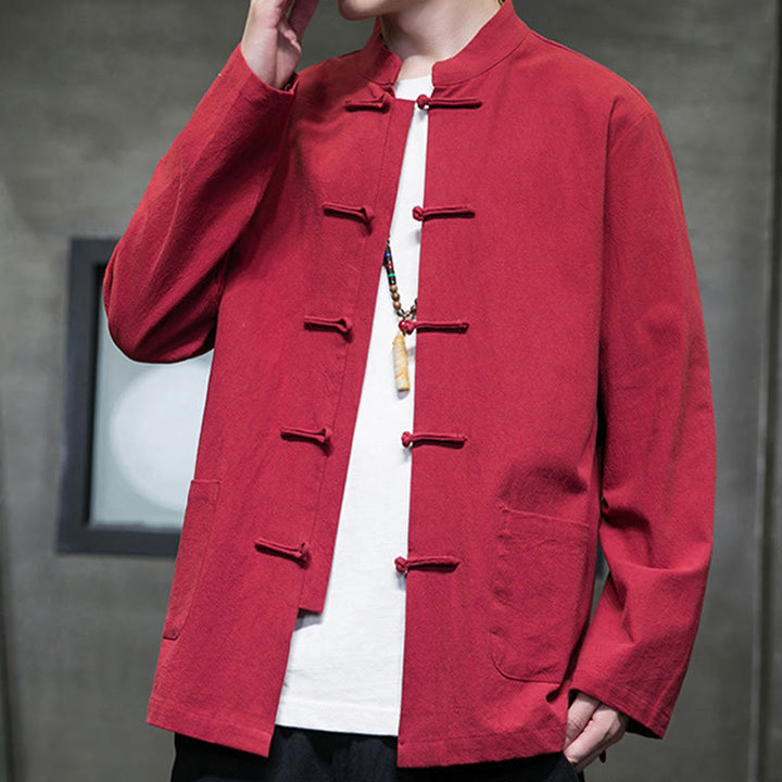 Veste en coton pour homme avec poches et boutons en forme de grenouille et Buddha Stones