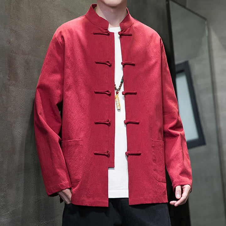 Veste en coton pour homme avec poches et boutons en forme de grenouille et Buddha Stones