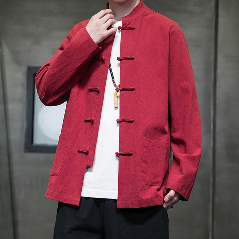 Veste en coton pour homme avec poches et boutons en forme de grenouille et Buddha Stones