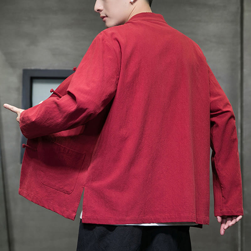 Veste en coton pour homme avec poches et boutons en forme de grenouille et Buddha Stones