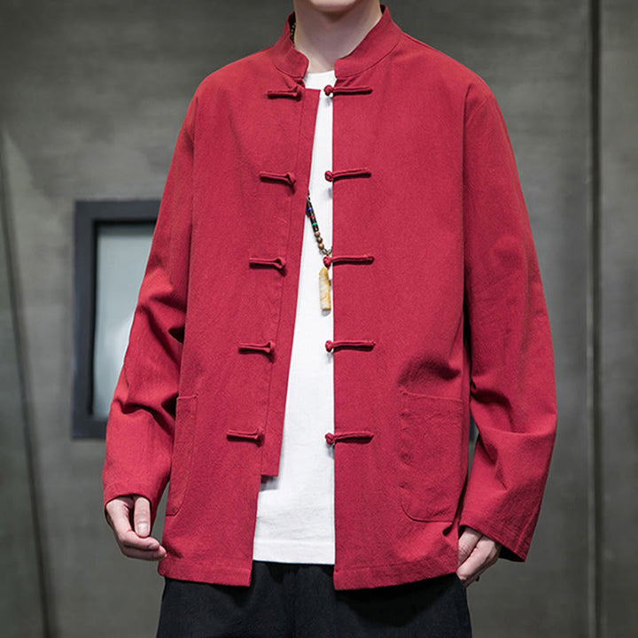 Veste en coton pour homme avec poches et boutons en forme de grenouille et Buddha Stones