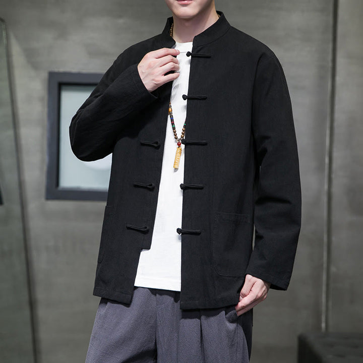 Veste en coton pour homme avec poches et boutons en forme de grenouille et Buddha Stones