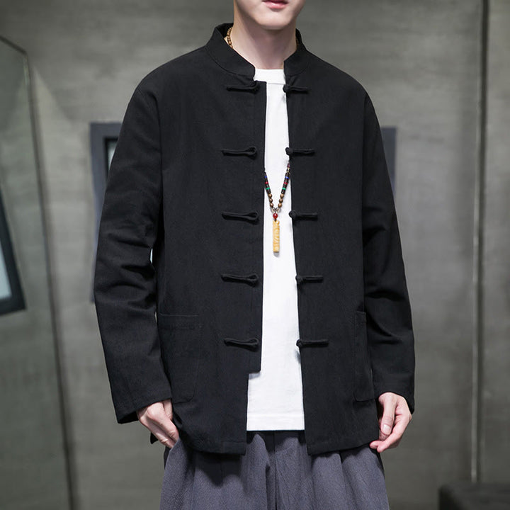 Veste en coton pour homme avec poches et boutons en forme de grenouille et Buddha Stones