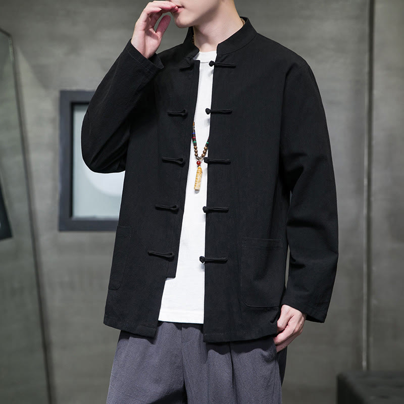 Veste en coton pour homme avec poches et boutons en forme de grenouille et Buddha Stones