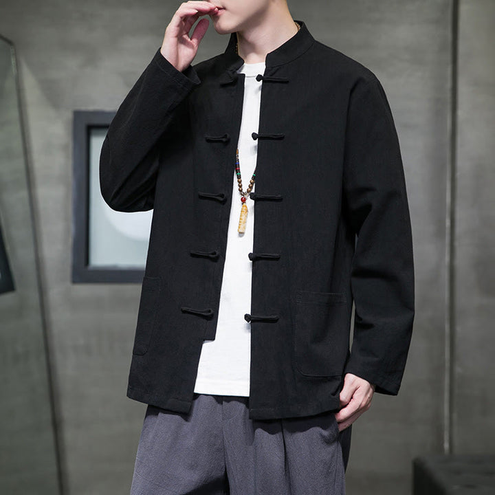 Veste en coton pour homme avec poches et boutons en forme de grenouille et Buddha Stones
