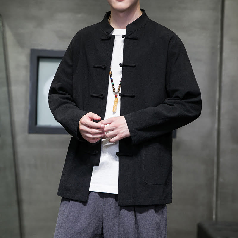 Veste en coton pour homme avec poches et boutons en forme de grenouille et Buddha Stones