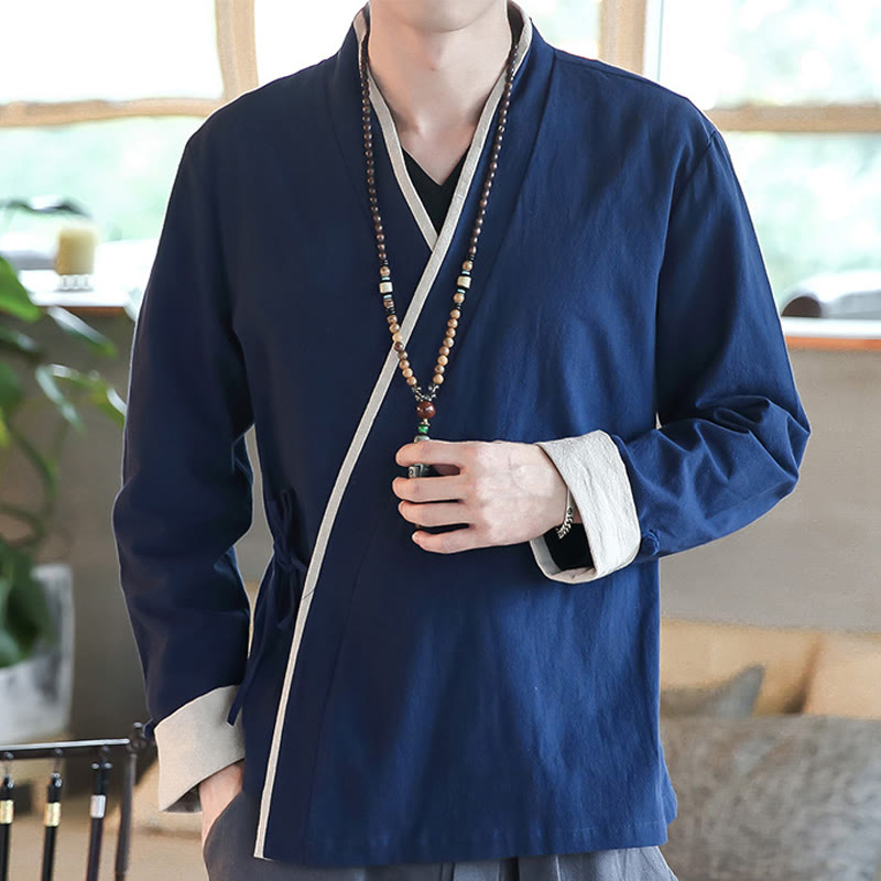 Chemise à manches longues à lacets en lin avec blocs de couleurs d'automne Buddha Stones Vêtements pour hommes - SteelBlue - US/UK/AU46，EU56 (5XL) - image 0