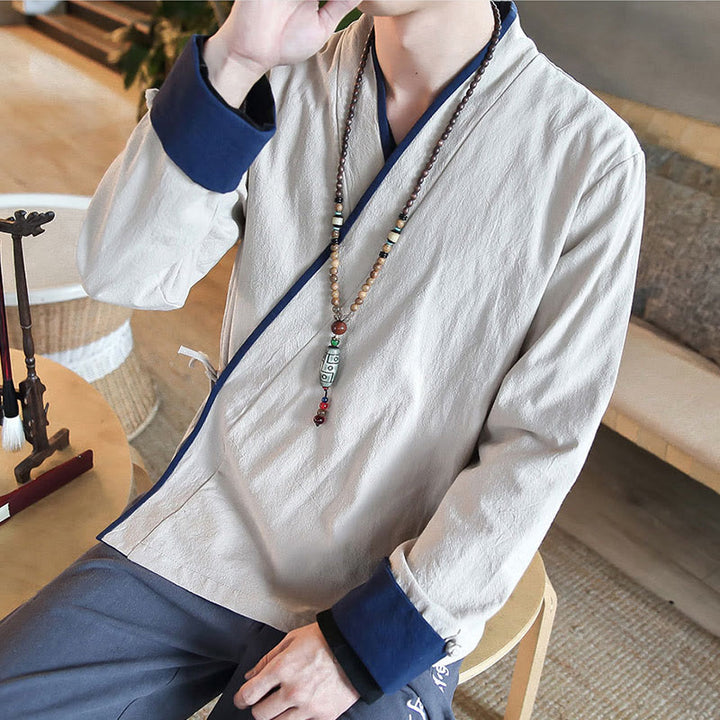 Chemise à manches longues à lacets en lin avec blocs de couleurs d'automne Buddha Stones Vêtements pour hommes