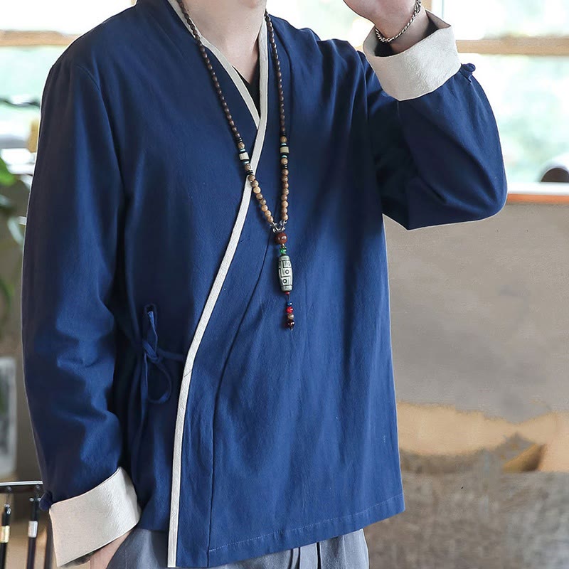 Chemise à manches longues à lacets en lin avec blocs de couleurs d'automne Buddha Stones Vêtements pour hommes - image 1