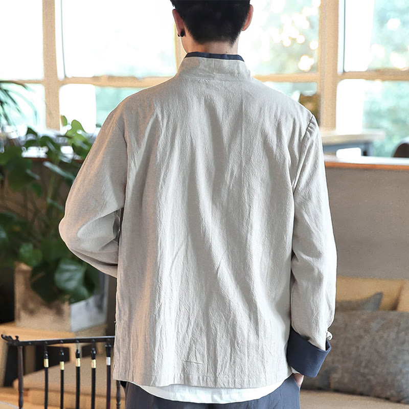 Chemise à manches longues à lacets en lin avec blocs de couleurs d'automne Buddha Stones Vêtements pour hommes - image 12