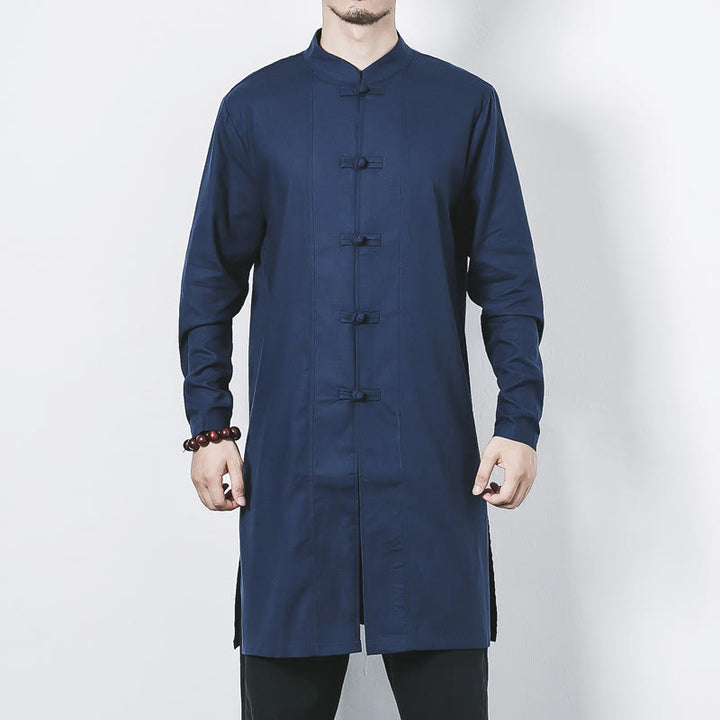 Manteau mi-long en lin à boutons de grenouille simples Buddha Stones Fall pour hommes Zen Clothing - image 1